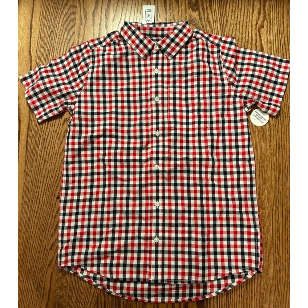 New The Children's Place Boy's Short Sleeves Plaid Button up Shirt size M